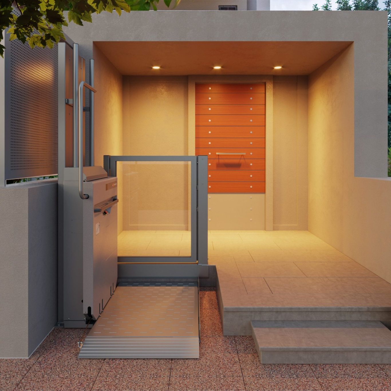 Moderne Eingangshalle mit Holzverkleidung und beleuchteten Wänden.